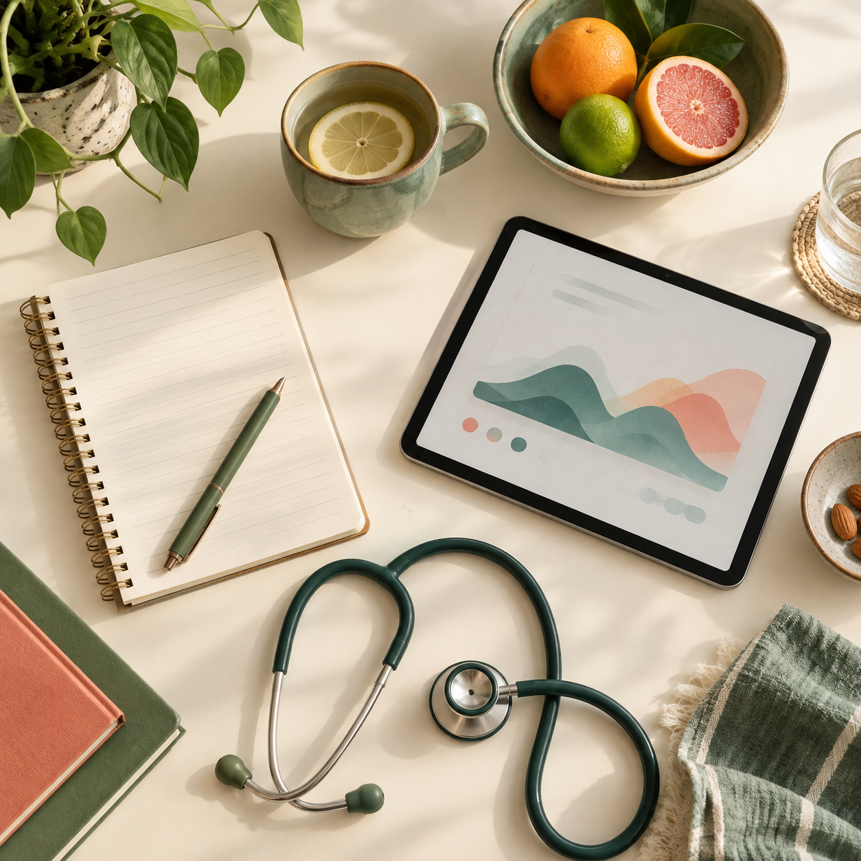 A health planning workspace with a notebook and stethoscope